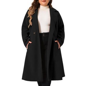 Plus Size A Line with Pockets Winter Trench Long Coats Black